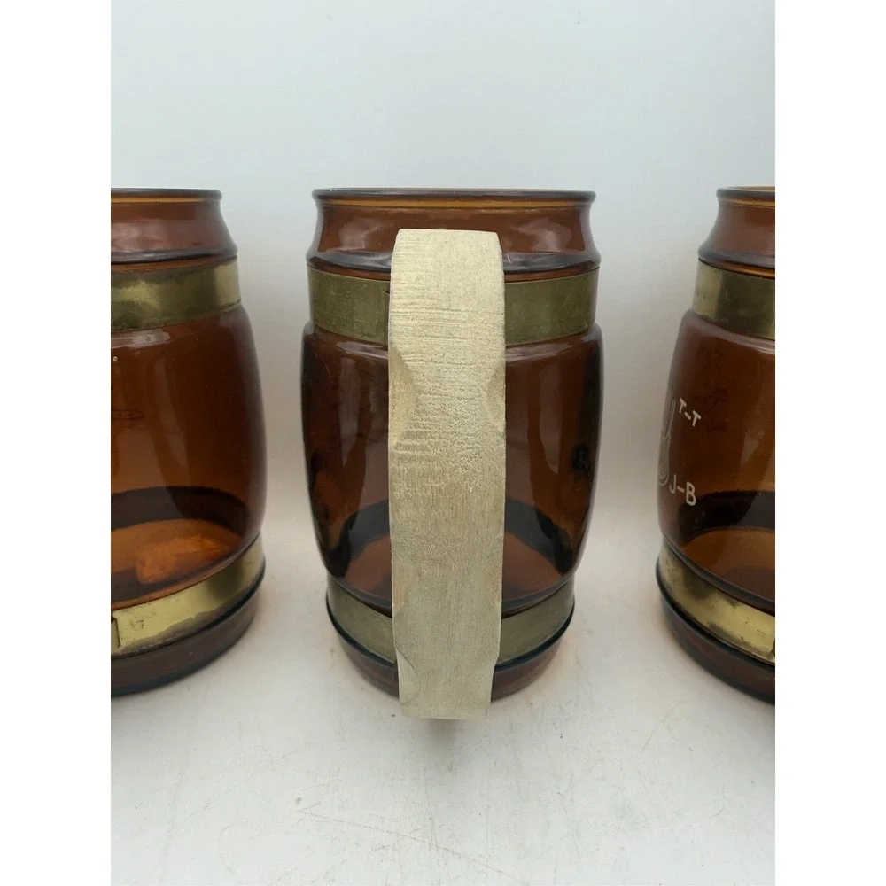 Vintage Siesta Ware Amber Glass Mugs Set 3 Wood Handles Brass Bands Etched